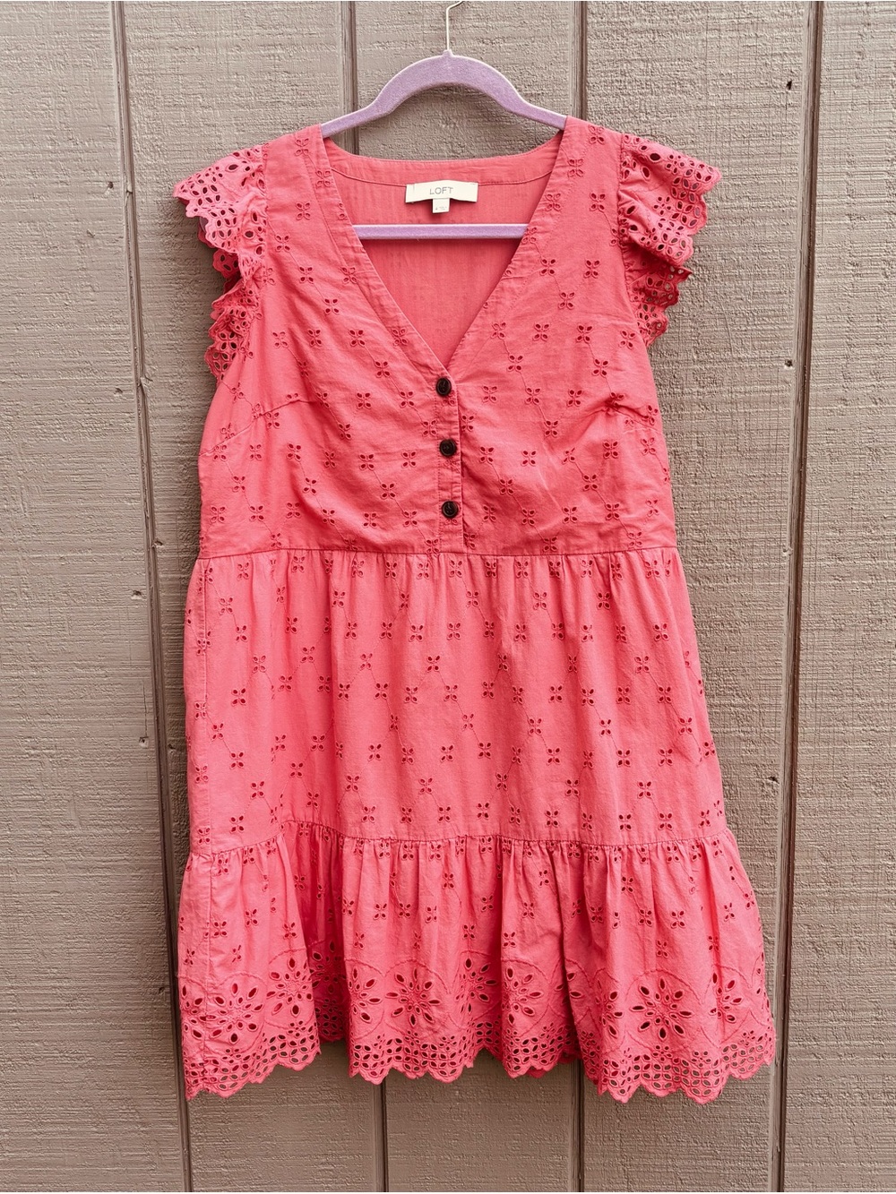 LOFT Women’s Dress Coral Embroidered Eyelet Flutter Sleeve Tiered Ruffle Sz 4